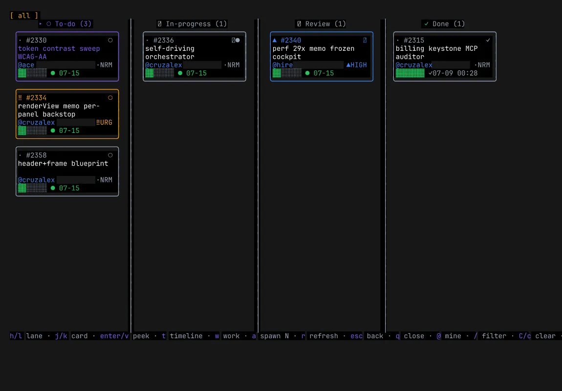 O quadro Kanban — tickets se movendo de To-do → In-progress → Done, com cards de workers ao vivo incluídos, cada um co-renderizando o status por cor, glifo e rótulo.