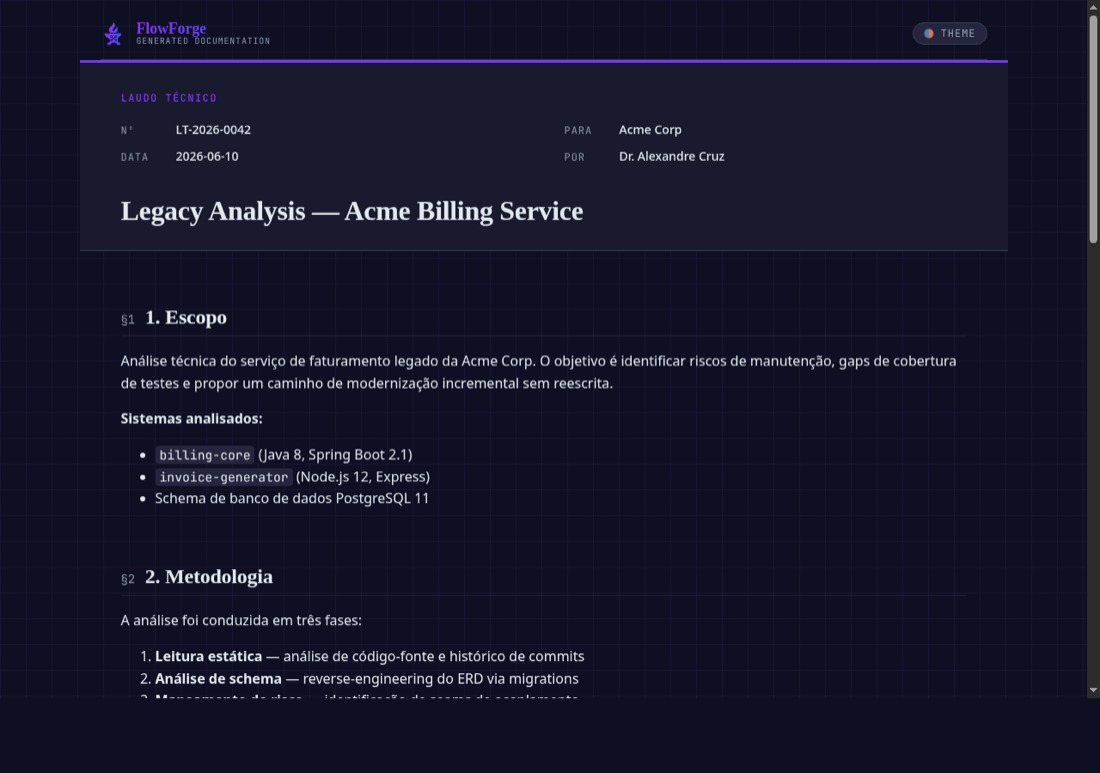 A FlowForge-generated technical analysis report ("laudo técnico") for a legacy billing service, on the dark FlowForge documentation theme.