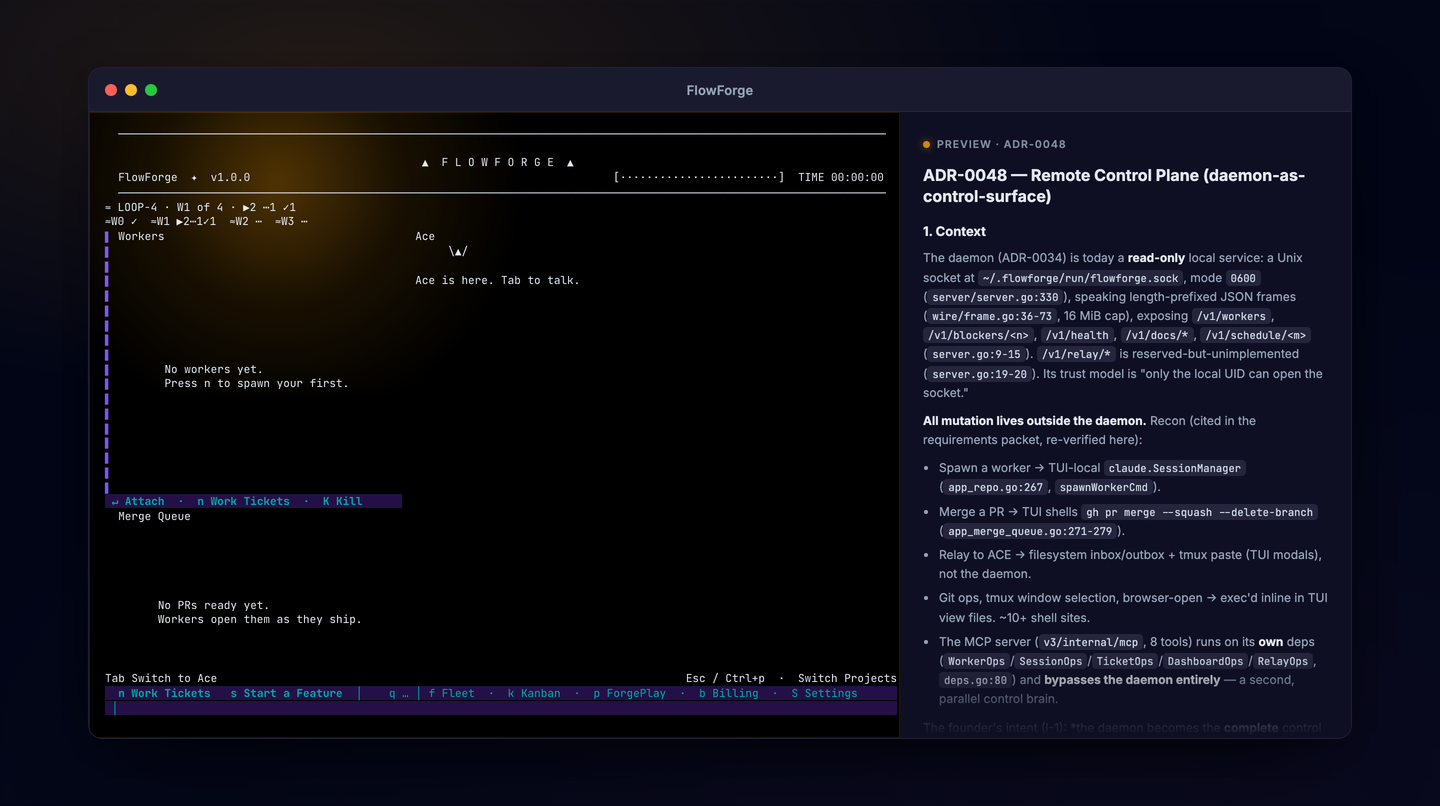 The FlowForge desktop app showing the live cockpit — work board, running timers, and dispatch — beside the preview pane.
