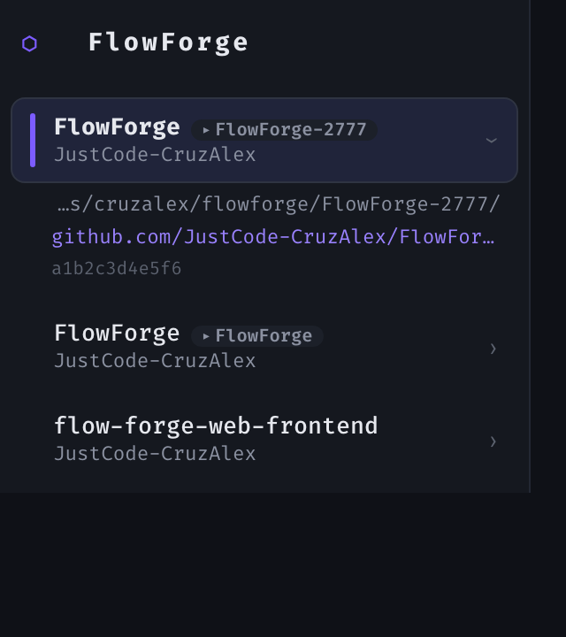 The FlowForge Desktop multi-project rail: a selected project with its repository, path and commit, above two more projects, each one click away.